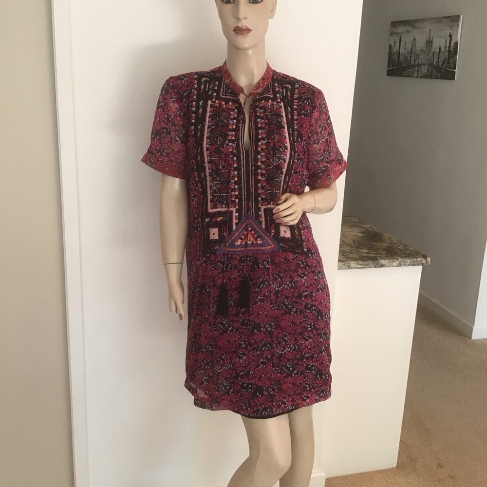 Desigual Rita Vest Dress Embroidered Pink Floralโ Drop Waist Boho Mini Dress 44